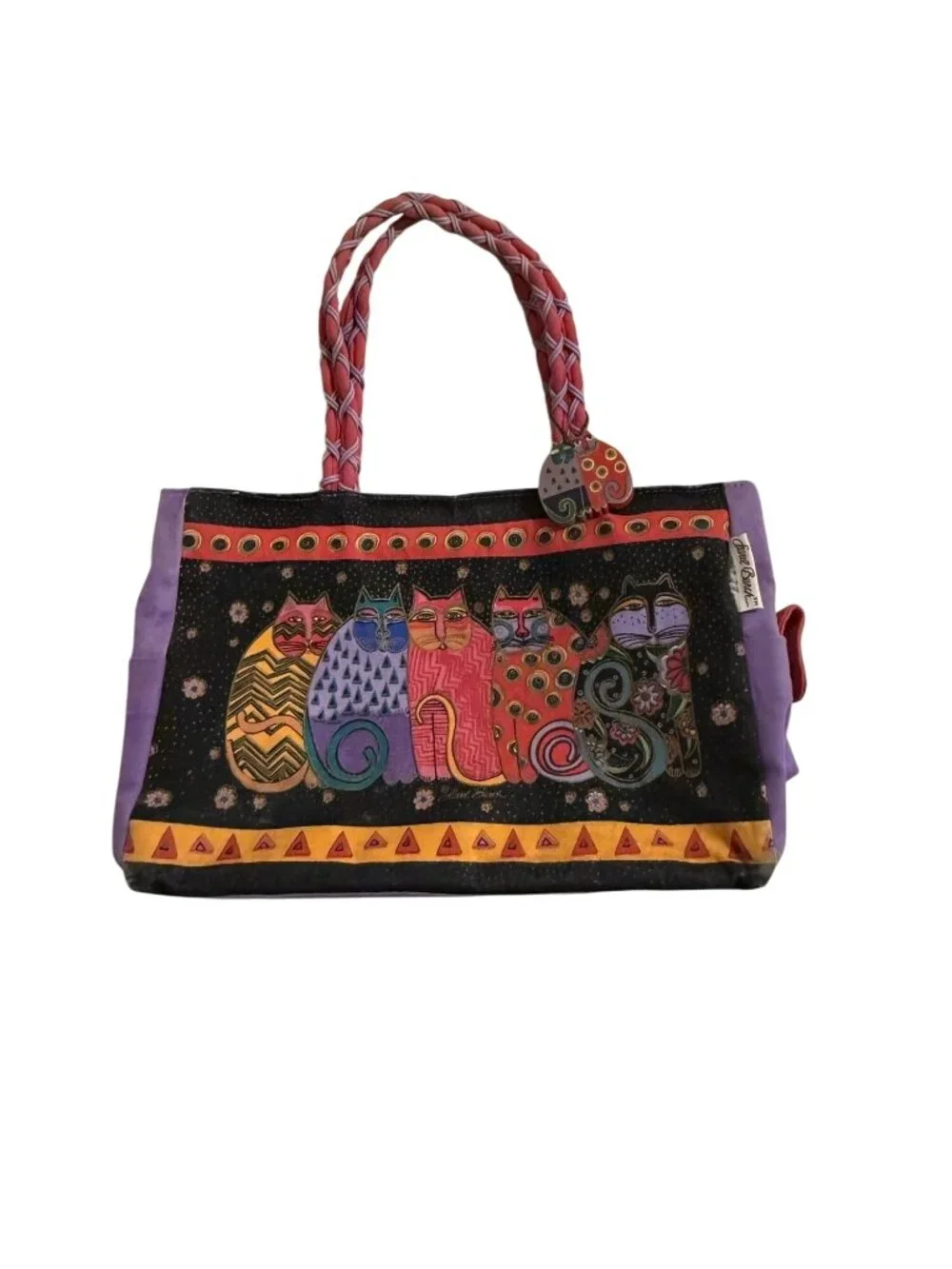Laurel Burch Cat-Themed Canvas Tote Bag With Vibrant Multicolor Design & Woven H